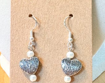 Silver Heart Earrings, Ornate Heart Earrings, Pearl Earrings, Romantic Jewelry, Silver Dangle Earrings, Gifts for Her