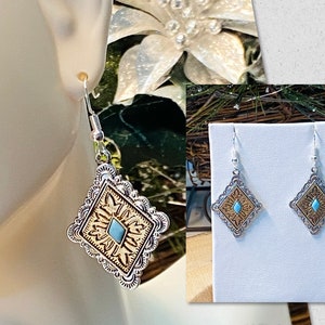 Southwest Earrings, Concho Dangle  Earrings, Western Style Earrings, Turquoise Earrings, Southwest Gold Earrings