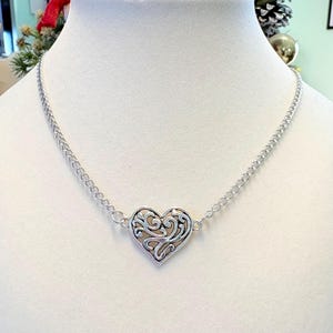 Silver Heart Necklace, Filigree Heart Necklace, Filigree Heart Jewelry, Statement Necklace, Gift for Her