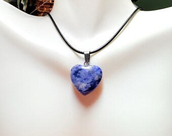 Blue Stone Heart Pendant Necklace, Sodalite Choker,  Blue Gemstone Cord Necklace, Black Cord