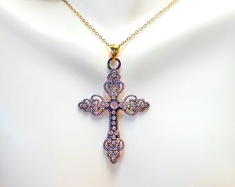 Purple Iridescent Cross Necklace, Vintage Inspired Ornate Cross Necklace, Rhinestone Cross Necklace, Statement Jewelry, Religious Gift