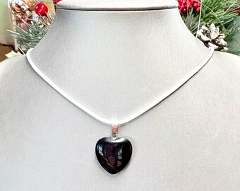 Black Stone Heart Pendant Necklace, Black Stone Necklace, Stone Heart Necklace, White Cord Necklace, Gift for Her
