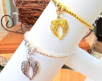 Bracciale con ciondolo a forma di ala d'angelo in argento e perline, bracciale con ciondolo a forma di ala d'angelo in oro e perline, gioielli commemorativi, bracciale commemorativo da donna