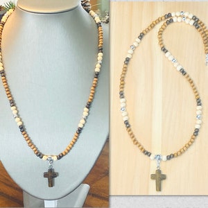 Wood Bead Cross Necklace, Tiger Eye Cross Necklace,  Mens Bead Necklace, Surfer Necklace, Beaded Wood Necklace Men, Religious Jewelry