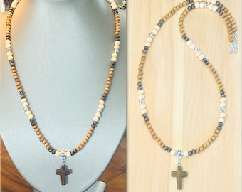 Wood Bead Cross Necklace, Tiger Eye Cross Necklace,  Mens Bead Necklace, Surfer Necklace, Beaded Wood Necklace Men, Religious Jewelry