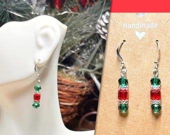 Green Crystal Earrings, Red Cube Crystal Earrings, Christmas Crystal Earrings, Festive Earrings, Holiday Jewelry