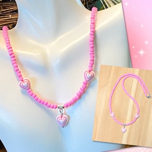 Collar de corazón rosa, Collar de corazón para niñas, Collar de corazón para niñas, Collar de cuentas rosas, Joyería de cuentas rosas, Regalo para hija, Regalo para nieta