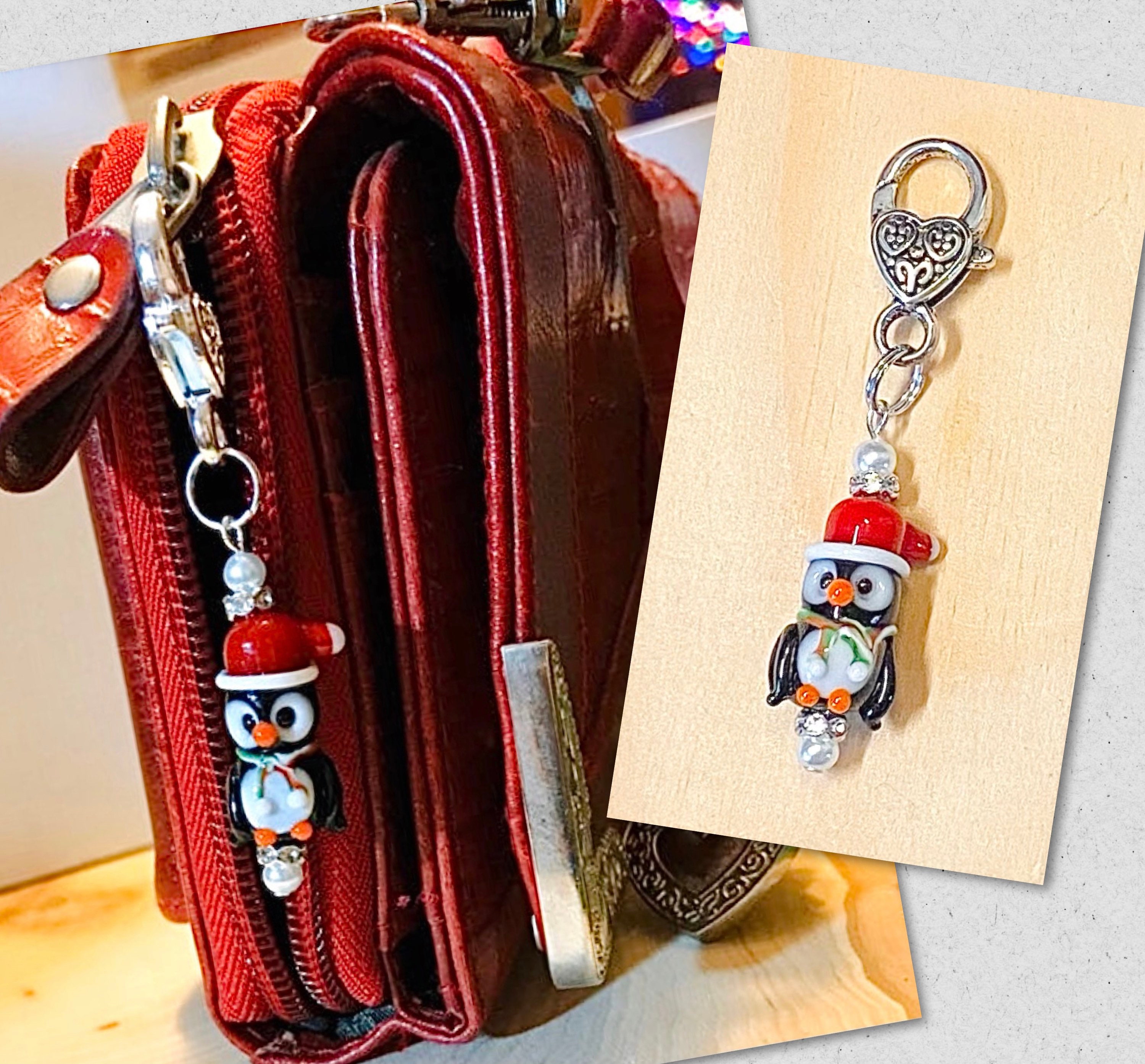 Penguin Santa Purse Charm, Penguin Purse Charm, Holiday Purse Jewelry, Holiday Purse Charms, Lampwork Purse Charm, Christmas Gifts