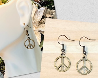 Peace Sign Earrings, Bronze Peace Sign Earrings, Gifts for Her, 60s jewelry, hippie earrings