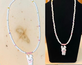 Easter Bunny Necklace, Girls Bunny Necklace, Girls Easter Necklace, Beaded Easter Necklace, Rabbit Necklace, Bunny Beaded Necklace
