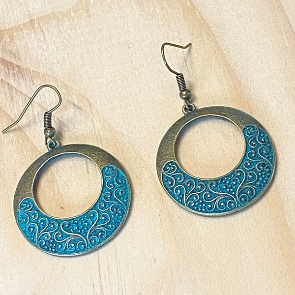 Brass Patina Hoop Earrings, Womens Brass Hoop Earrings, Boho Hippie Earrings, Boho Brass Earrings, Womens Bohemian Earrings