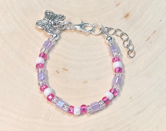 Toddler Beaded Bracelet, Girls Pink Bead Bracelet, Girls Butterfly Bracelet, Pink Bead Bracelet, kids jewelry, granddaughter gift