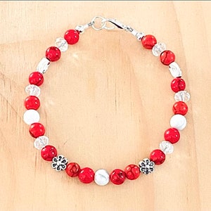 Red Beaded Bracelet, Silver Flower Bracelet, Valentine Red Friendship Bracelet, Holiday Jewelry, Seed Bead Bracelet, Christmas Seasonal