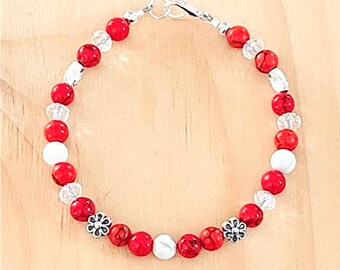 Red Beaded Bracelet, Silver Flower Bracelet, Valentine Red Friendship Bracelet, Holiday Jewelry, Seed Bead Bracelet, Christmas Seasonal