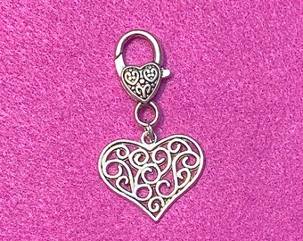 Silver Heart Purse Charm, Filigree Heart Purse Charm, Silver Handbag Bling, Silver Heart Zipper Pull, Womens Gift, Gifts for Her
