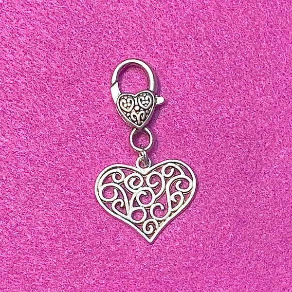 Silver Heart Purse Charm, Filigree Heart Purse Charm, Silver Handbag Bling, Silver Heart Zipper Pull, Womens Gift, Gifts for Her