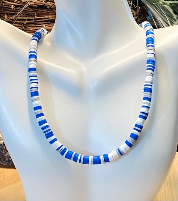 Royal blue white gray necklace, Polymer clay heishi beaded necklace, surfer  beach necklace, vinyl heishi necklace, heishi necklace