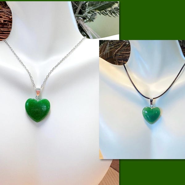 Green Jade Necklace, Jade Heart Cord Necklace, Green Stone Heart Necklace, Heart Choker, Gifts for Her