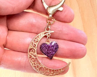 Crescent Moon Purse Charm, Pink Glitter Heart Purse Charm, Moon Purse Charm, Celestial Purse Charm, Gold Handbag Bling, Best Christmas Gift