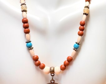 Peace Sign Wood Bead Necklace, Boho Retro Jewelry, Peace Sign Gemstone Necklace, Bronze Peace Sign Necklace, 70s Hippie Jewelry