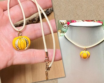 Ornate Pumpkin Cord Necklace, Pumpkin Cord Necklace, Gold Pumpkin Pendant, Gold Pumpkin Cord Necklace, Halloween Jewelry