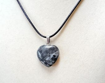 Black Stone Heart Pendant Necklace, Black Agate Necklace, Stone Heart Necklace, Black White Cord Necklace, Gift for Her