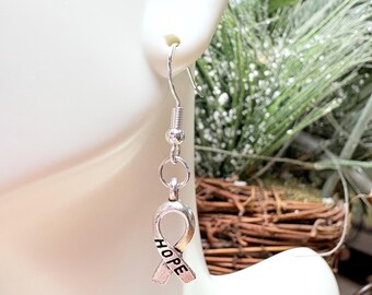 Hope Earrings, Silver Breast Cancer Earrings, Awareness Ribbon Earrings, Breast Cancer Gift, Silver Ribbon Earrings
