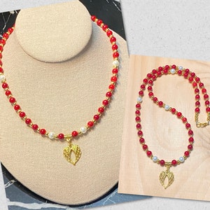 Red Howlite Necklace, Angel Wing Necklace, Red Howlite Beaded Necklace, Gold Angel Wings Necklace, Memorial Jewelry