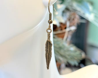 Single Mens Dangle Earring, Mens Bronze Feather Earring, Single Earring Men, Symbol Amulet Men, Talisman Dangle