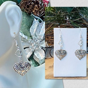Boucles d&#39;oreilles coeur en argent, Boucles d&#39;oreilles double coeur, Boucles d&#39;oreilles pendantes coeur en argent, Boucles d&#39;oreilles coeur en filigrane, Boucles d&#39;oreilles tendance, Collier assorti