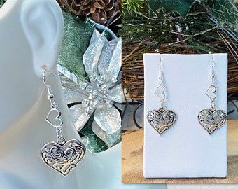 Silver Heart Earrings, Double Heart Earrings, Silver Heart Dangle Earrings, Filigree Heart Earrings, Statement Earrings, Matching Necklace