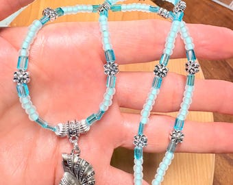 Nautilus Shell Pendant Necklace, Matte Mint Green Beads, Aqua Accents, Beach Jewelry, Statement Necklace