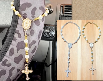 Pearl Car Rosary, Catholic Rearview Mirror Decor,  Mini Catholic Rosary, Rhinestone Cross, Christian Jewelry, Wedding Jewelry