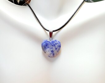 Blue Sodalite Heart Pendant Necklace, Sodalite Choker,  Blue Gemstone Cord Necklace, Black Cord