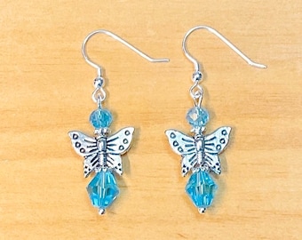 Crystal Angel Earrings, Blue Crystal Earrings, Silver Butterfly Earrings, Angel Jewelry, Memorial Gifts, Gifts for Her