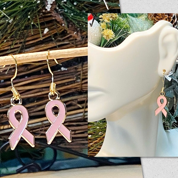 Breast Cancer Earrings, Pink Breast Cancer Earrings, Awareness Ribbon Earrings, Breast Cancer Gift, Gold Earrings