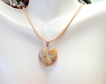 Crazy Lace Agate Heart Pendant Necklace, Beige Stone Necklace, Stone Heart Necklace, Tan Cord Necklace, Gift for Her