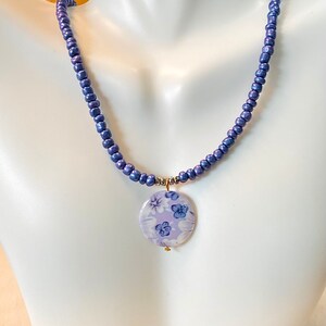 Purple Bead Necklace, Purple Bead Necklace with Flower Pendant, Beach Necklace, Purple Bead Choker, Flower Necklace