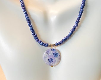 Purple Bead Necklace, Purple Bead Necklace with Flower Pendant, Beach Necklace, Purple Bead Choker, Flower Necklace