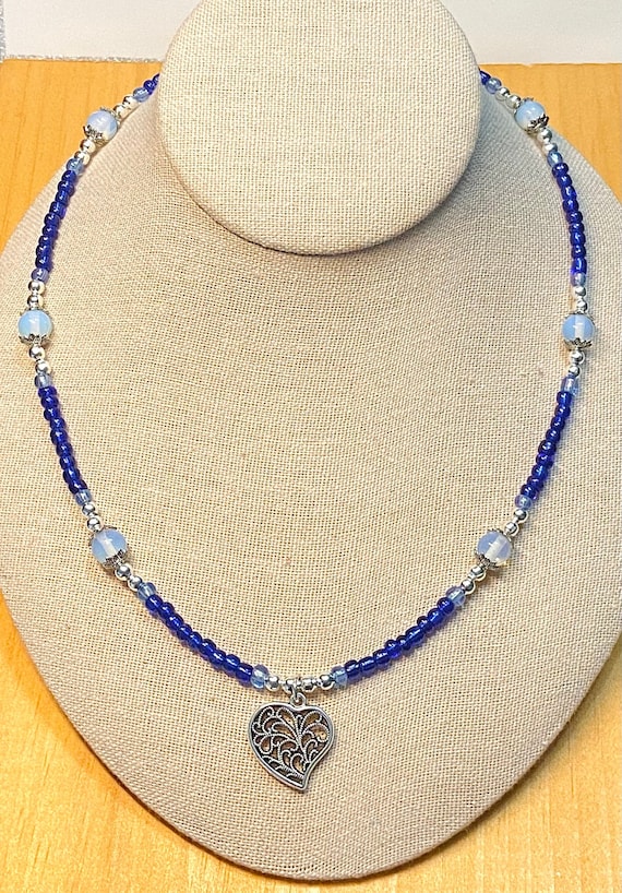 Beaded Necklace - Blue Heart Beaded Necklace - Blue Heart