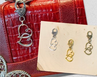 Heart Purse Charm, Bronze Purse Charm, Double Heart Purse Charm, Silver Heart Purse Charm, Gold Heart Purse Charm, Gifts for Her