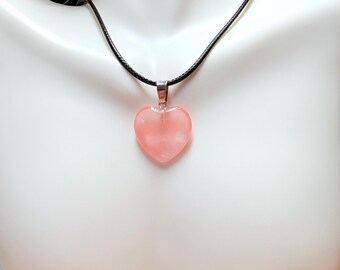 Cherry Quartz Heart Pendant Necklace, Cherry Quartz Choker, Pink Gemstone Cord Necklace, Black Cord