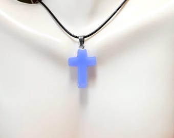 Chalcedony Cross Necklace, Periwinkle Blue Cord Cross Necklace, Blue Chalcedony Cross Pendant, Stone Cross Necklace, Blue Chalcedony Choker
