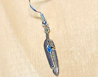 Single Mens Dangle Earring, Mens Southwest Feather Earring, Mens Silver Feather Earring, Single Earring Men, Symbol Amulet Men