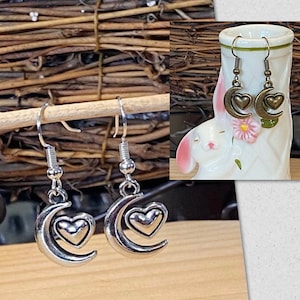 Mond und Herz Ohrringe, Mond baumeln Ohrringe, Herz Mond Ohrringe, himmlische Ohrringe, Geschenke für Sie