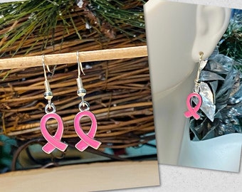 Breast Cancer Earrings, Pink Breast Cancer Earrings, Awareness Ribbon Earrings, Breast Cancer Gift, Silver Ribbon Earrings