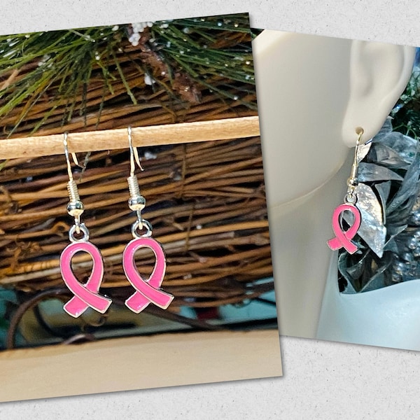 Breast Cancer Earrings, Pink Breast Cancer Earrings, Awareness Ribbon Earrings, Breast Cancer Gift, Silver Ribbon Earrings