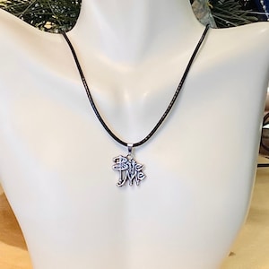 May include: A black leather cord necklace with a silver pendant that says "Bite Me".