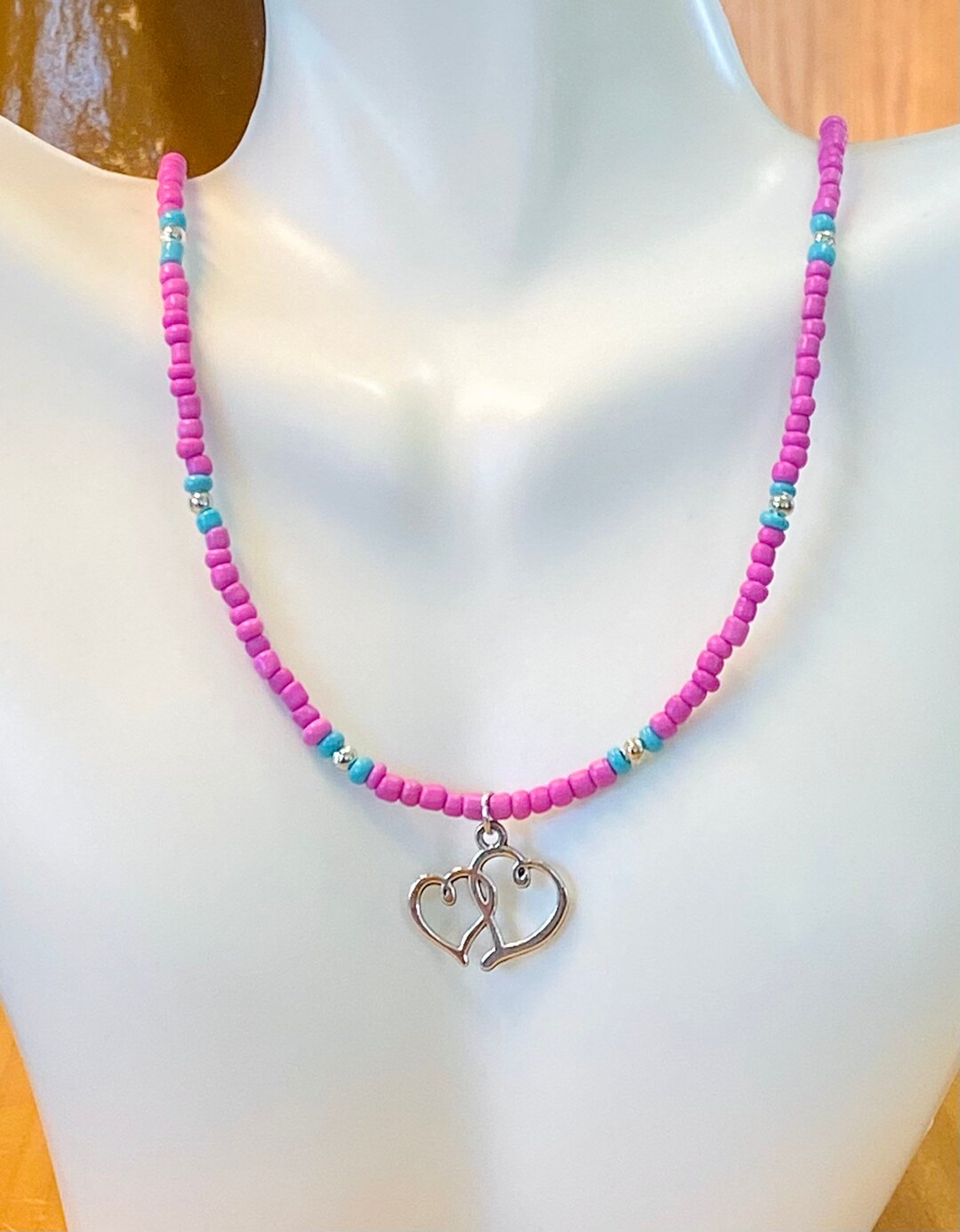 Pink Seed Bead Necklace, Silver Heart Bead Necklace, Turquoise Seed
