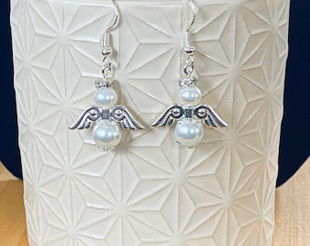 Pendientes de perlas, Pendientes de ángel de plata, Pendientes de ángel mujeres, Joyería conmemorativa, Joyería de ángel, Regalos para ella